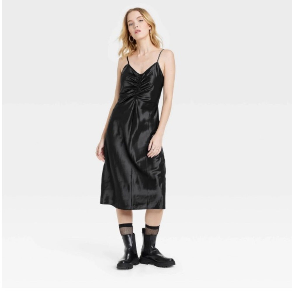 NWOT Ruched Slip Dress in Black
